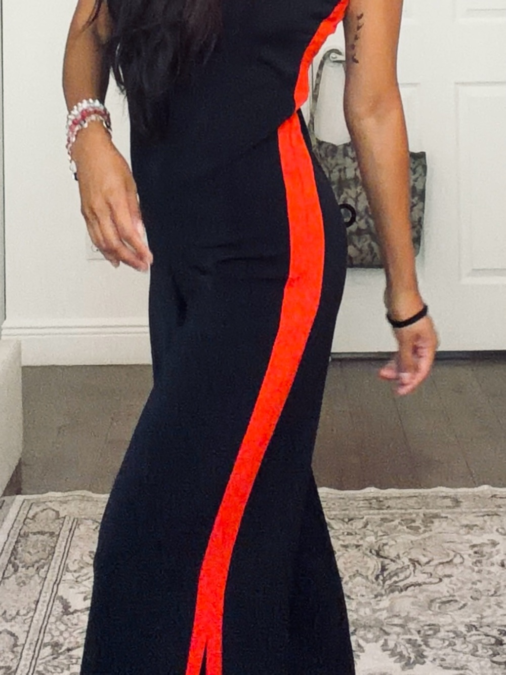 Black Jumpsuit with Red Side Stripe